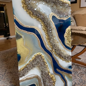 Peacock Blue Resin art |custom art| geode art|Resin painting| luxury art|Crystal art| modern blue art| blue gold artwork|Luxury wall decor