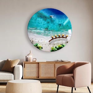 Round Ocean Resin Wall Art – 3D Beach Epoxy Painting – Coastal Décor – Handmade Seascape – Nautical Wall Hanging – Ocean Lover Gift