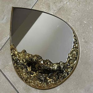 Gold Geode Teardrop Epoxy Mirror – Handmade Resin Wall Art